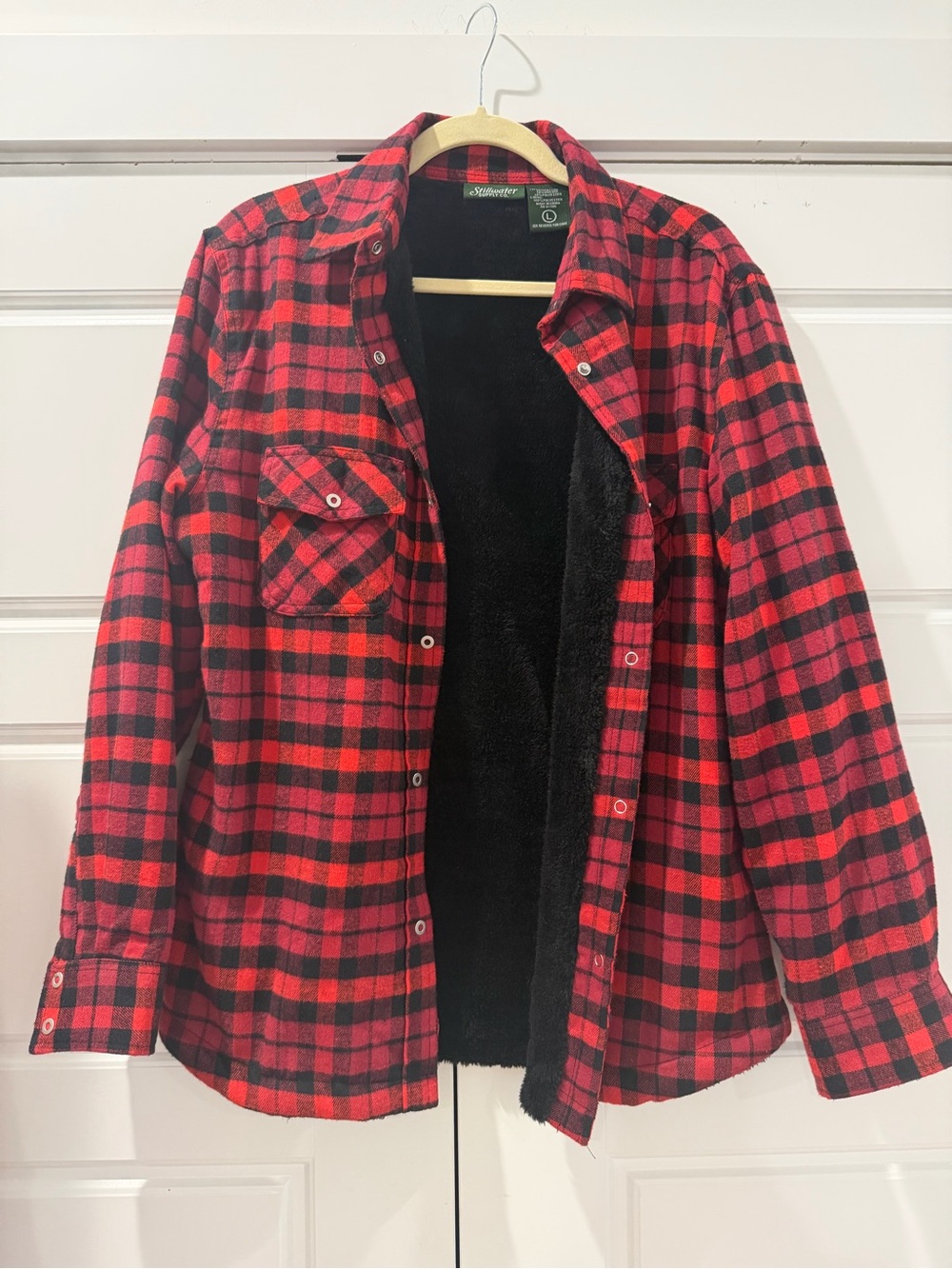 Womens Red & Black Plaid Sherpa-Lined Shirt Jacket